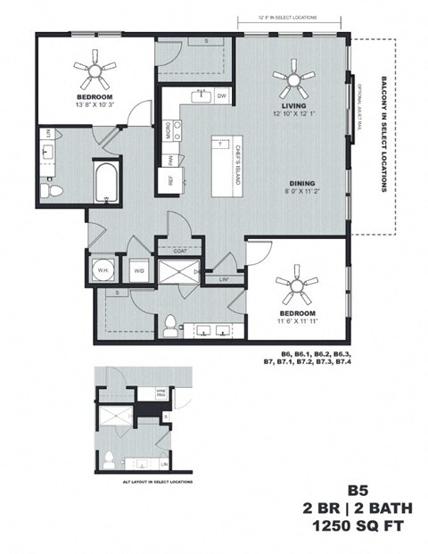 Floor plan for 2 beds, 2 baths, 1250 sqft